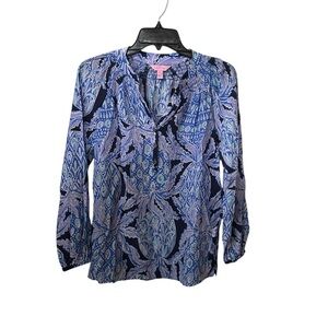 Lilly Pulitzer Blue Print Silk Elsa Long Sleeve Blouse Coco Safari Preppy XXS.